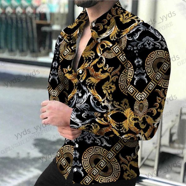 Camicie casual da uomo Manica lunga Camicie Hawaii Camicia moda uomo Camicetta stile europeo di lusso Camicetta spiaggia dorata Abbigliamento uomo Camisas vocazione uomo T240124