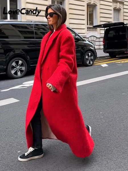Элегантное красное шерстяное теплое утолщенное пальто, женские двубортные повседневные куртки с лацканами и длинными рукавами, женское уличное свободное пальто 240122