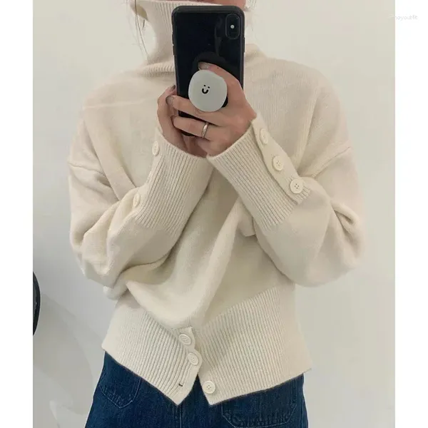 Kadın Sweaters Yüksek Beled Butto-Down-Down-Blugle Bludenk Sweater Kadınlar için Sonbahar Kış Kış Düğmesi Alt Saldırıcı Dip Gömlü Katı Jumperlar Temel