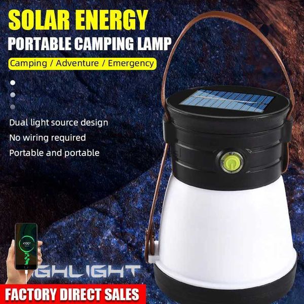 Lanterna de acampamento portátil recarregável lâmpada led suprimentos de acampamento 18650 bateria solar luz de acampamento bancos de energia poderosos lanterna led de alta potência yq240124