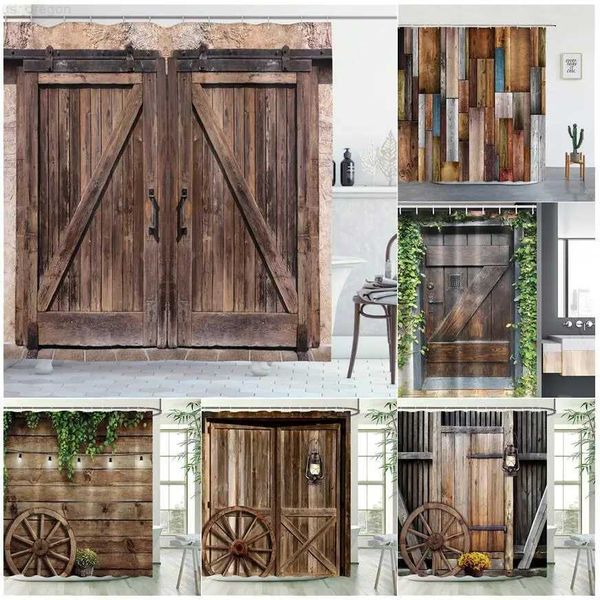 Cortinas de chuveiro rústicas, porta de celeiro de madeira em pedra, imagem de fazenda, design vintage, arte rural, arquitetura, tecido, decoração de banheiro