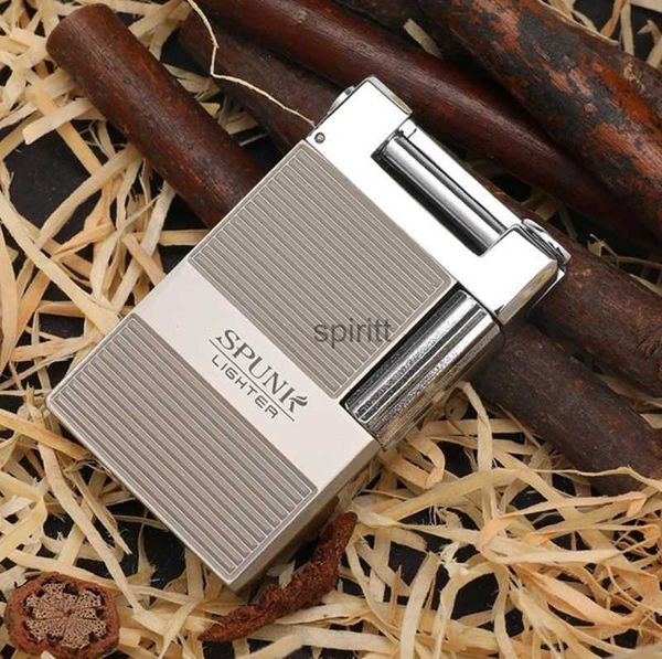 Lighters Spunk Yaratıcı Kum Tekerlek Slant Fire Metal Çakmak Bütan Gas Çakmak Dış Mekan Rüzgar Geçirmez Sigara Çakmak Erkek Hediye Koleksiyonu YQ240124