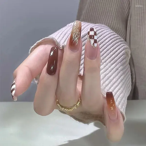 Unhas Falsas Misskitty Artesanal Press-on Outono e Inverno Tabuleiro de Xadrez Ge Mei Wearable Adesivos Reutilizáveis Poterapia Uma Peça Dropship