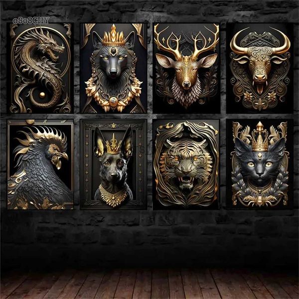 Gemälde Schwarz Gold Metall Tier Wandkunst Leinwand Malerei König Löwe Drache Tiger Hund Poster Drucke Bilder für Moderne Wohnzimmer Dekor
