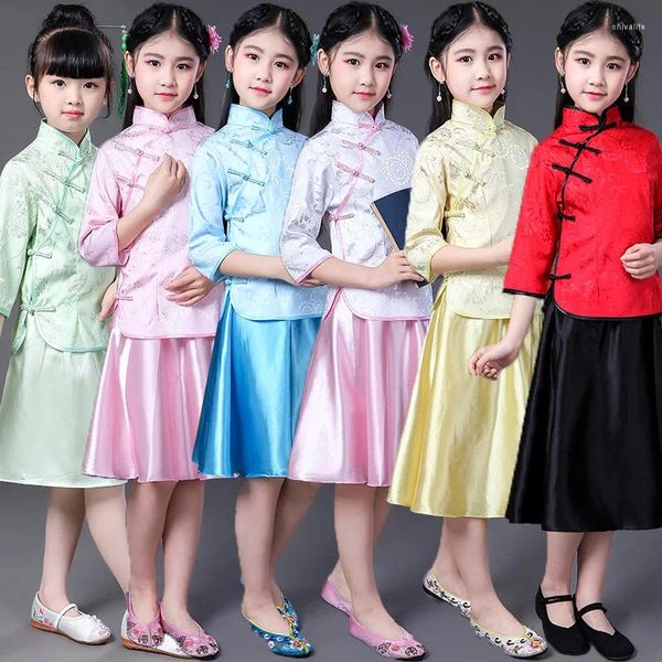 Roupas étnicas Menina Kid Cheongsam Topskirt Choir Traje Vintage Estilo Chinês Qipao Mandarim Collar Hanfu Set Tang Roupas Cosplay Outfit