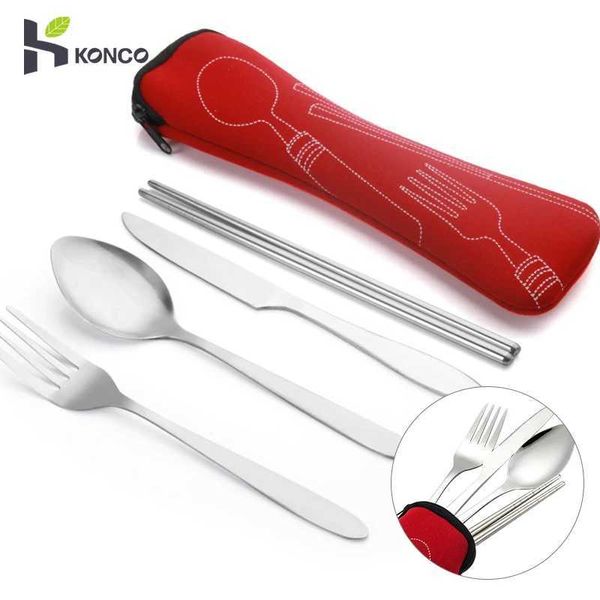 Camp Kitchen Konco Acciaio inossidabile Bento Box Set di posate Pranzo portatile Kit di stoviglie Coltello Forchetta Cucchiaio Bacchette Posate da picnic da viaggio YQ240123