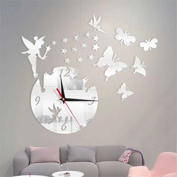 Relógios de parede acrílico espelho adesivos relógio de parede design moderno fada borboleta 3d diy duvar saati relógios para menina presente sala estar decoração casa