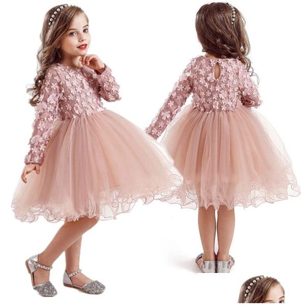 Em estoque flor menina vestidos primavera meninas rendas princesa vestido festa crianças férias malha tutu crianças manga longa casual roupas dhf5h