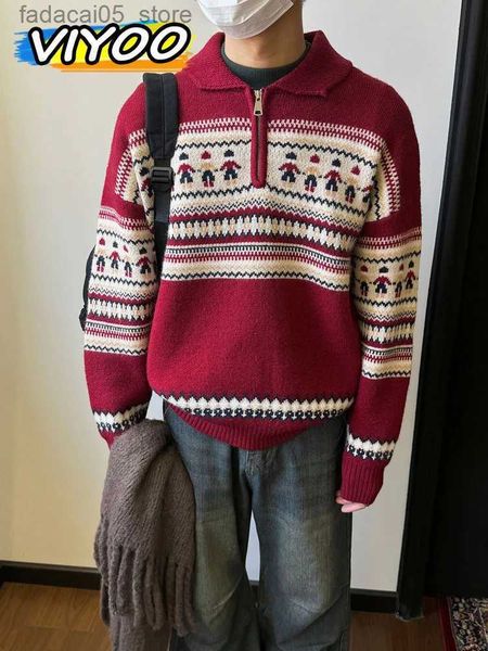 Erkek Sweaters Japonya Kadın Erkekler Zip Up Noel Y2K Triko Saklama Sweatshirtler Streetwear Jumper Q240124