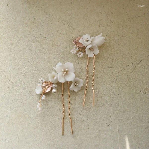 Fermagli per capelli 1 set pettine per fiori in ceramica bianca per abiti da sposa semplici di alta qualità in foglia color oro accessori da sposa tiara gioielli da ballo di perle