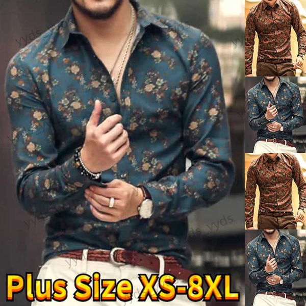 Herren-Freizeithemden, Herren-Alltags-Freizeithemd, Button-Down-Hemd mit Vintage-Blumendruck, Langarm, klassisches Design-Hemd, modisches Slim-Fit-Hemd, XS-8XL, T240124