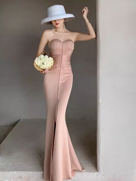 Платья для выпускного вечера Сексуальные вечерние платья без бретелек с высоким разрезом по бокам Элегантные атласные аппликации Женское платье для особых случаев Vestidos De Feast