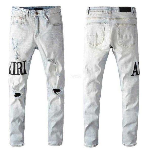 Jeans masculinos 2023 homens jeans europeu jean hombre letra estrela homens bordado patchwork rasgado para tendência marca motocicleta calça mens tamanho magro 28-40 a02