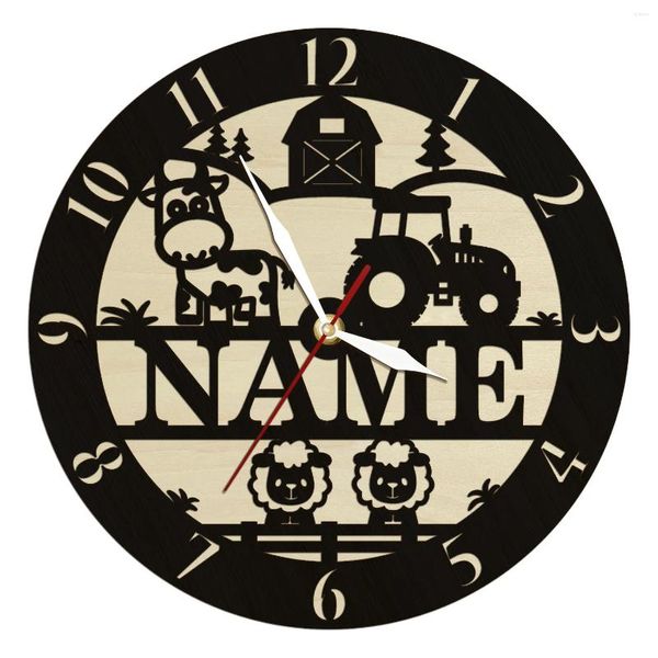Настенные часы, персонализированные деревянные часы с названием фермы, животные, знак трактора, часы на заказ, фермер, деревенский домашний декор, часы