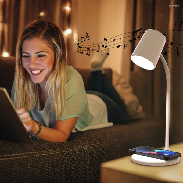 Lampade da tavolo Lettura Luci notturne Ricarica wireless multifunzionale Apparecchio di illuminazione interna dimmerabile compatibile Bluetooth Lampada da scrivania a LED