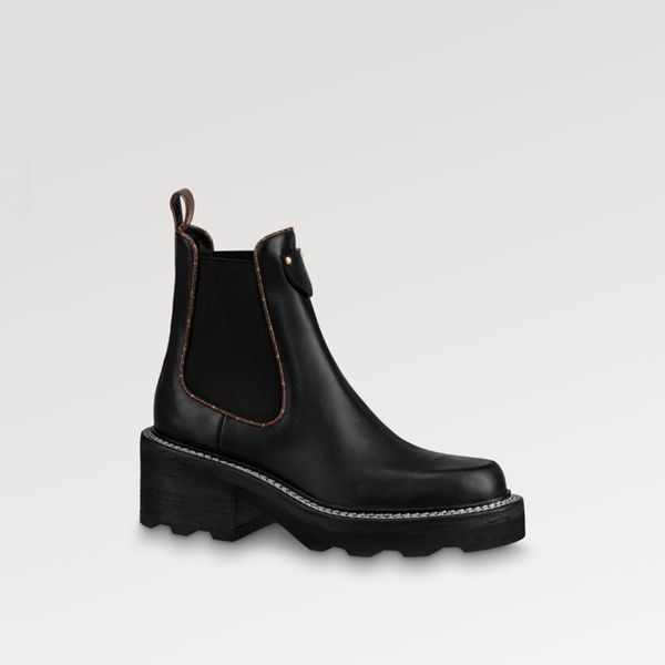 Explosion Bota feminina Beaubourg de tornozelo 1A8949 Botas Chelsea de couro de bezerro preto Painéis laterais elásticos com remendo em relevo de lona com costura branca Contador com caixa