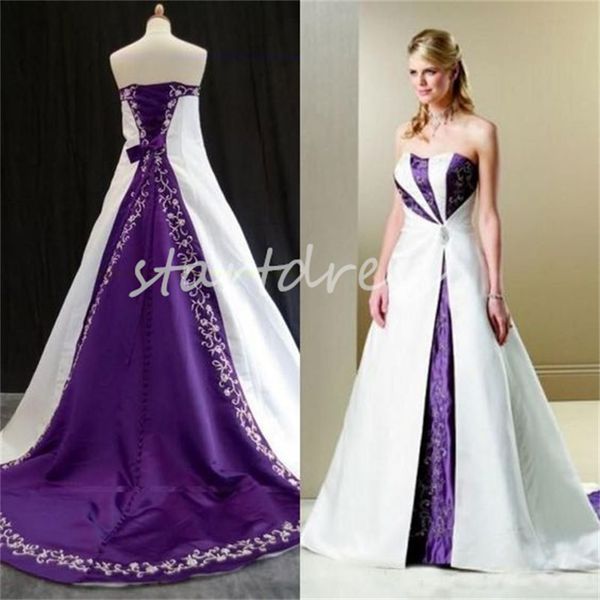 Vintage Lila und Weiß Gothic Hochzeitskleid Sexy trägerloses weiches Satin Stickerei Fantasy viktorianisches Brautkleid Landhausstil A-Linie Prinzessin Boho Brautkleid 2024