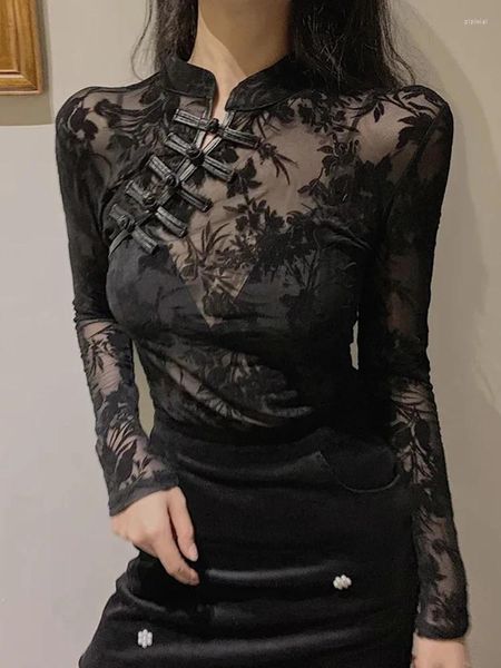 Damenblusen, Vintage-Spitzenhemden, Frauen, mit Blumenmuster bestickt, schwarze Bluse, weiblich, koreanische Mode, Langarm-Tops, Damen, sexy, durchsichtig