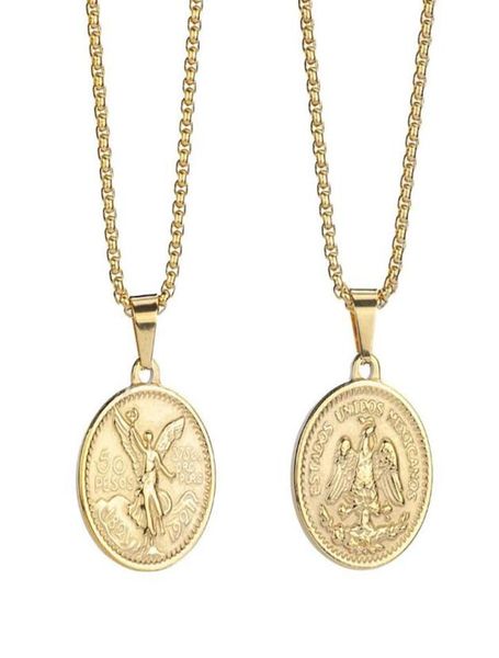 Anhänger Halsketten Männer Frauen Italien Gold Finish Runde Baguette Fassung Mexikanische Münze Centenario Mexicano Moneda 50 Pesos8638523