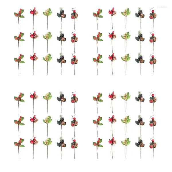 Flores decorativas 60 pçs vermelho natal berry e picaretas de pinho com ramos de azevinho para o feriado decoração floral artesanato de flores