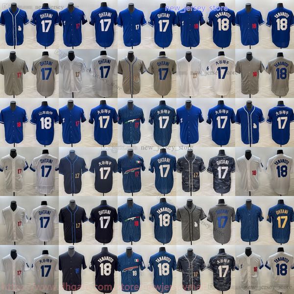 2023-24 New Baseball 17 Shohei Ohtani Jersey Home away 18 Yoshinobu Yamamoto Maglie Blu Bianco Grigio Camicia sportiva traspirante Uomo Donna Gioventù Bambini Ragazzi