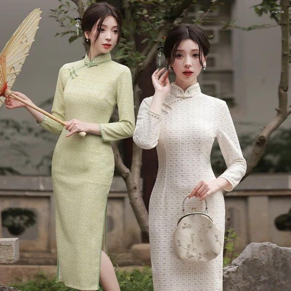 Roupas étnicas Outono Sexy Mulheres Mandarim Collar Nove Pontos Manga Chiffon Cheongsam Elegante Vestido Diário Chinês Lace Qipao