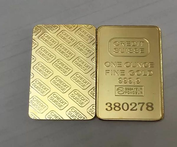 10 Stück nicht magnetische CREDIT SUISSE-Barren, 1 Unze vergoldeter Goldbarren, Schweizer Souvenirmünzengeschenk, 50 x 28 mm, mit unterschiedlicher Seriennummer 7405782