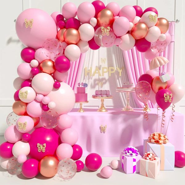 Macaron rosa balão guirlanda arco kit rosa vermelho confetes látex balões de ar chá de bebê menina festa de aniversário decorações de casamento 240124