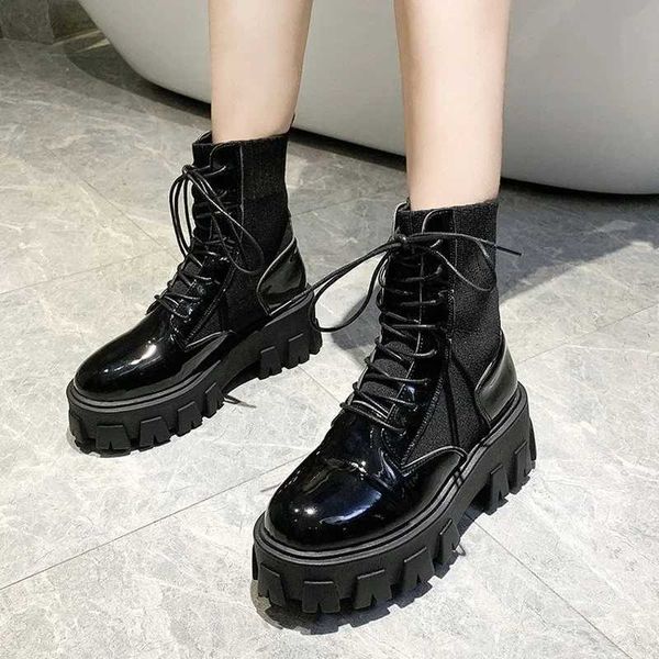 Elbise Ayakkabı Patent Deri Siyah Düz Yüksek Platform Kadınlar Moda 2022 Slip Olmayan Aşınma Dayanıklı Sole ayak bileği botları bayanlar streç ayakkabılar dantel-upl231228