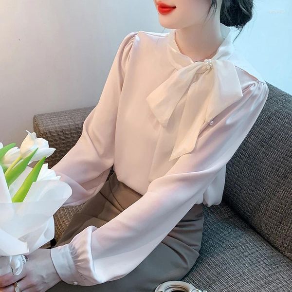 Blusas femininas 2024 primavera verão escritório senhora blusa bowknot miçangas macio chiffon camisas mangas compridas moda coreana feminina