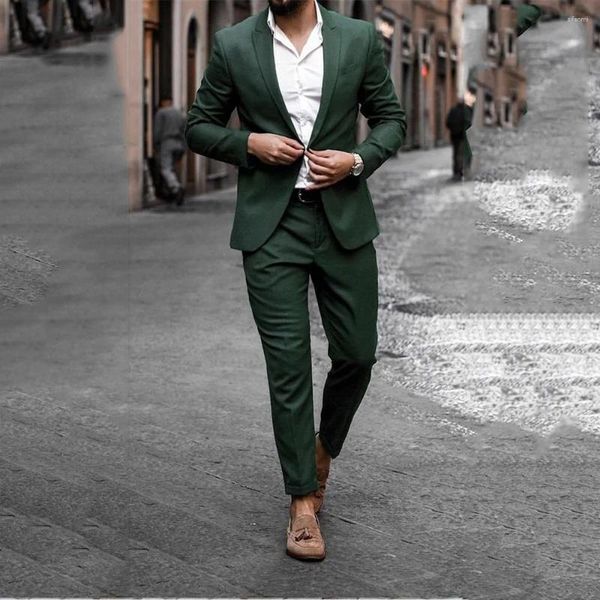 Erkekler Klasik Koyu Yeşil Erkekler İçin Resmi Parti İş Blazer Düğün Damat Smokin İnce Fit 2 Parçalı Ceket Pantolon Kostüm Homme
