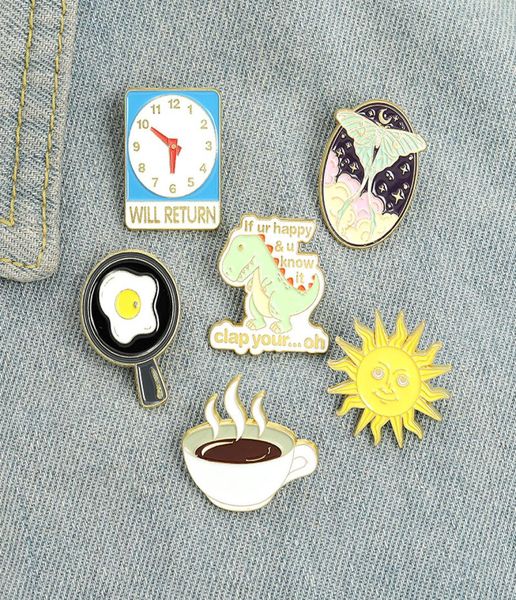 Kreative Spaß Tier Dinosaurier Schmetterling Stern Sonne Emaille Pins Spiegelei Kaffee Uhr Legierung Brosche Abzeichen Frauen Schmuck Gift5664496