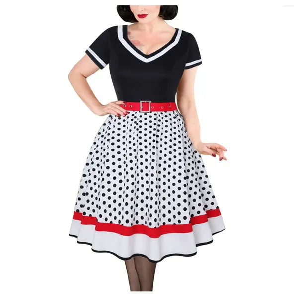 Abiti casual 2024 Vintage anni '50 anni '60 Abito da festa da donna con cintura Stampa a pois Manica corta Hepburn Robe Pin Up Rockabilly