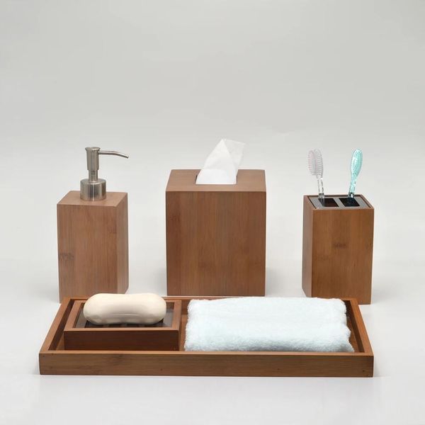 Conjuntos de 5 piezas de accesorios de baño de bambú carbonizado, dispensador de jabón, soporte para cepillo de dientes, jabonera, caja de pañuelos, bandeja, papelera de madera