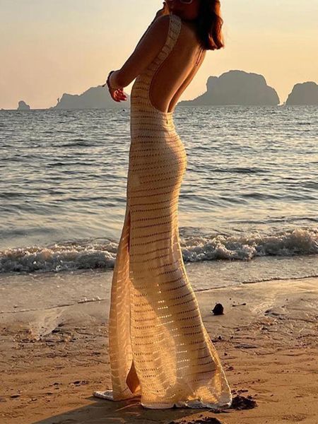 Vestidos casuais crochê malha vestido longo mulheres praia túnica backless oco out cover ups sem mangas transparente beachwear