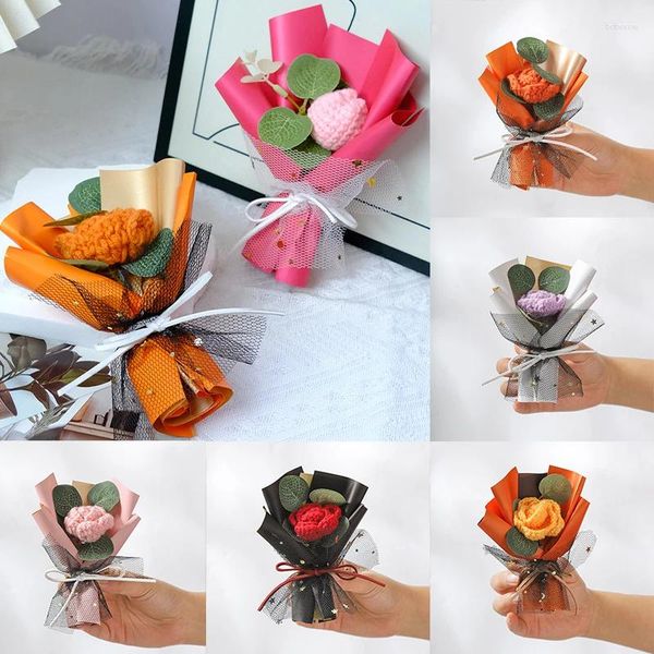 Flores decorativas mini buquê de flores de malha mão tecido tulipa girassol rosa crochê mão-malha pequena decoração de festa de casamento