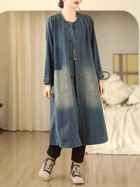 Damen Trenchcoats Retro Distressed Washed Denim Mantel für Frauen 2024 Frühling Übergroße Mode Rundhals Lässige mittellange Jeans Top Z4800