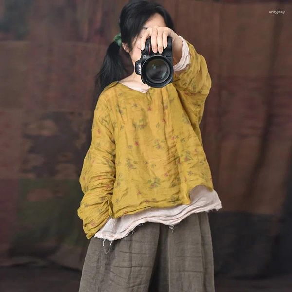 Camicette da donna Donna Scollo a V Allentato Primavera Estate Camicetta stampata Stile coreano Originale Sottile Retro Ramiè Camicia da donna Donna 2024 Camisa