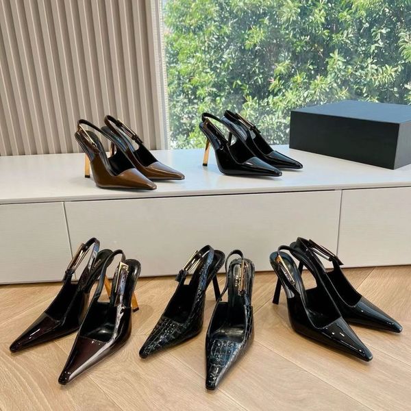 2024 bombas de couro polido saltos apontados dedo do pé estilingue sapatilhas sapatos deslizamento-em mulheres designers de luxo vestido saltos venda quente