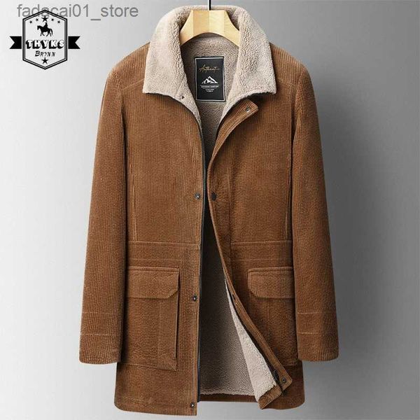 Cappotto trench da uomo in cotone ispessimento velluto a coste cappotto uomo caldo casual tinta unita slim fit semplice bavero sciolto versione media lunghezza cappotto antivento maschioQ240125