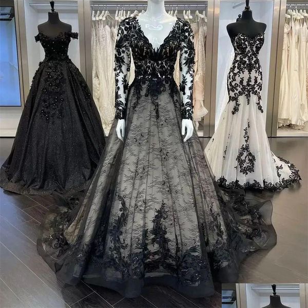 A linha vestidos de casamento gótico preto renda uma linha vestido manga longa com decote em v vestidos de noiva vintage apliques país noiva feito sob encomenda ve dhrix