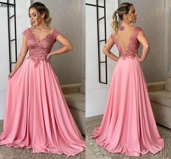 Sweety Rosa Aso Ebi Vestidos de Noite Plus Size V Neck Lace Appliqued Uma Linha Vestidos de Festa de Baile Com Mangas Cap Sexy Backless Vestidos De Fiesta Vestidos de Eventos Formais CL3243