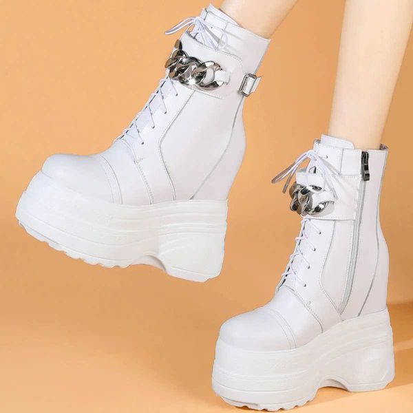 Botas chiques bombas de corrente sapatos femininos rendas até cunhas de couro genuíno salto alto botas de neve feminino dedo do pé redondo moda tênis sapatos casuais