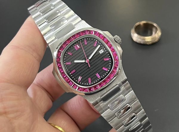 Relógio masculino, 5711, escala de moldura incrustada de diamantes, caixa de aço inoxidável, movimento mecânico automático, qualidade superior,