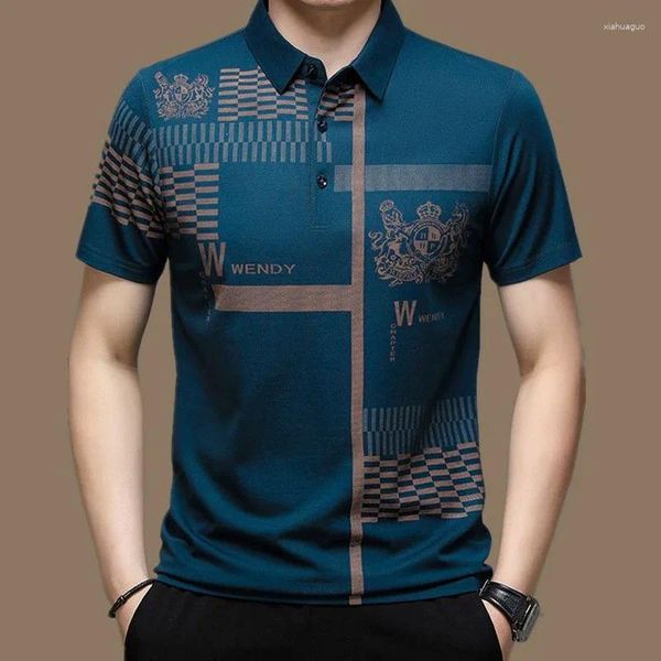 Herren Polos Sommer Business Office Casual Short Sleeve Polo-Heck T-Shirt 2024 Mode Männliche Kleidung Koreaner Trend gedruckter Spleißobert Spitzen