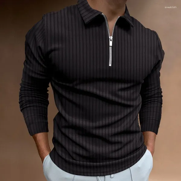 Polos masculinos outono inverno camisa polo com zíper listra manga longa moda suéteres sólidos para homens pullovers quentes