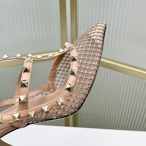 Сетчатые туфли-лодочки с кристаллами на босоножках Женские дизайнерские сандалии на высоком каблуке-шпильке 100 мм с острым носком Туфли-лодочки для свадебной вечеринки Высшее зеркальное качество с отделкой из телячьей кожи
