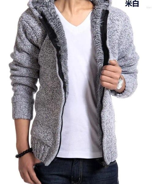 Мужские свитера, одежда, вязаная верхняя одежда, мужской утепленный свитер с капюшоном и длинными волосами, мужской кардиган с подкладкой W136