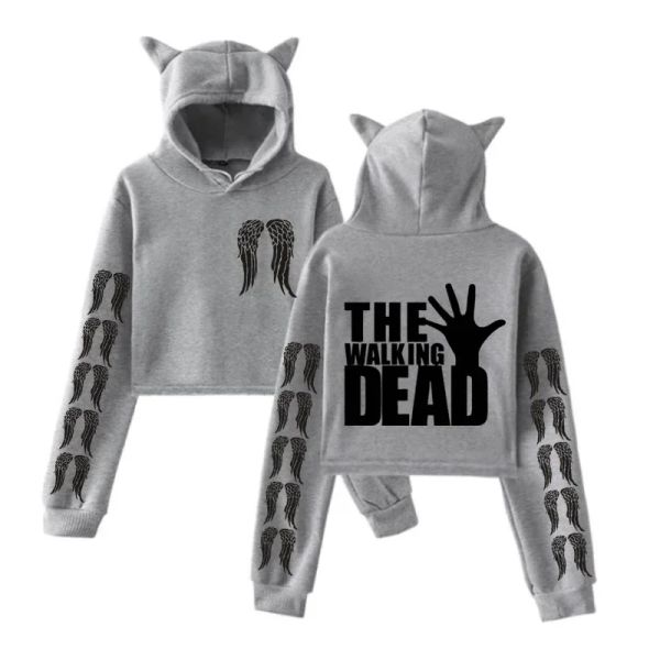 Felpa con cappuccio corta The Walking Dead Felpa corta Harajuku Streetwear Hip Hop Kawaii Cat Ears Maniche lunghe Pullover Top