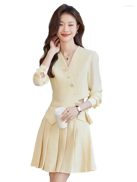 Vestido de duas peças amarelo ternos feminino primavera moda temperamento negócios formal blazer e saia plissada define escritório senhoras trabalho wear